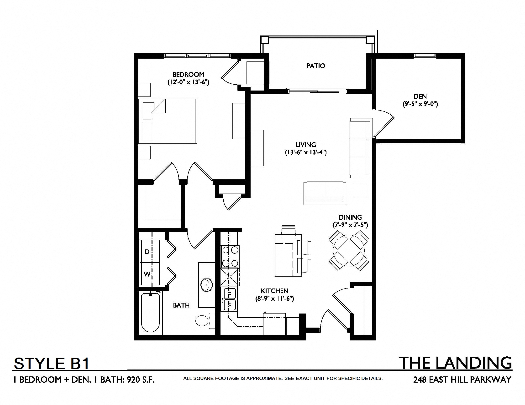 Floor plan for 1 bed, 1 bath, 920 sqft